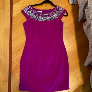 Marchesa note mini dress in hot pink color with stones around neck in size 4